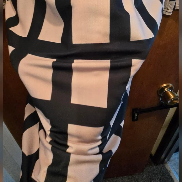 Left Or Right Elegant Black & Cream Grid Pattern Mesh/sheer Dress SzL NWOT - Picture 5 of 9